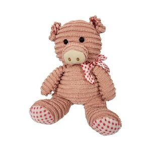 Hugfun Plush Pink Corduroy Pig Stuffed Animal Toy with Gingham Bow